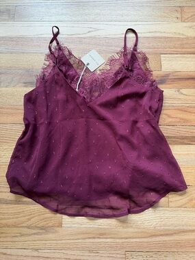 Lace Trim V-Neck Cami Tank Top - Burgundy Size Small NWT